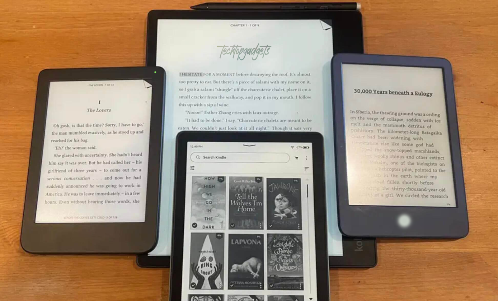 This image captures a collection of the best e-readers for PDF books, showcasing their diverse screen sizes and interfaces, each providing a unique reading experience tailored to book lovers' preferences.