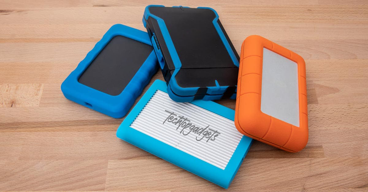 A collection of rugged external hard drives from various brands, highlighting the best options for music production storage.