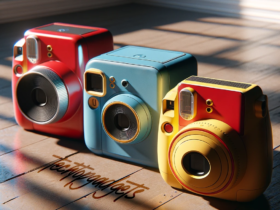 Three brightly colored instant cameras basking in the sunlight, ready to bring a pop of color to your travel photography.