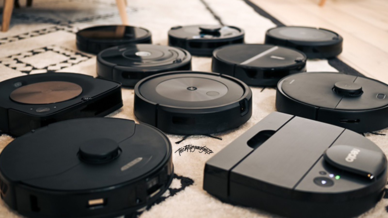 A collection of various robot vacuums on a carpet, showcasing different models and brands, each competing for the title of the best robot vacuum, reflecting the latest in home cleaning technology.