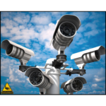 A cluster of advanced security cameras mounted on a single post, providing 360-degree surveillance against a backdrop of blue skies and fluffy clouds, ensuring comprehensive monitoring for the best outdoor security.