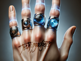 Each ring on this hand represents the pinnacle of wearable technology, showcasing a variety of best smart rings with futuristic interfaces and features, as imagined by 'TechTopGadgets'.