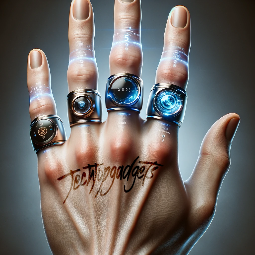 Each ring on this hand represents the pinnacle of wearable technology, showcasing a variety of best smart rings with futuristic interfaces and features, as imagined by 'TechTopGadgets'.