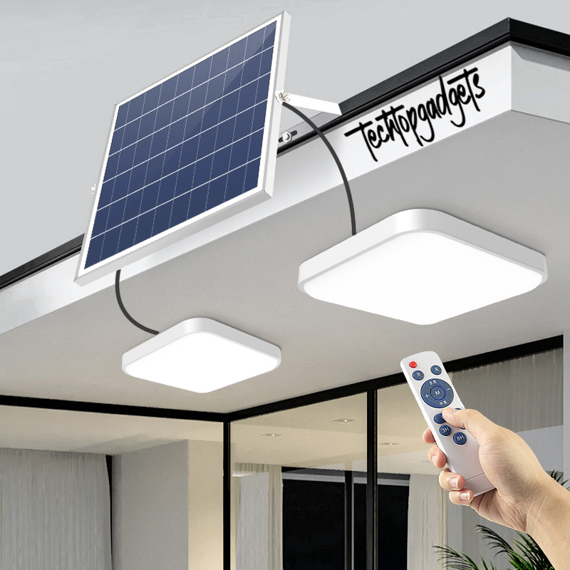 A state-of-the-art TechGadgets solar indoor lighting system installed on a modern facade, with two bright LED panels powered by a large solar panel, controlled by a handheld remote.