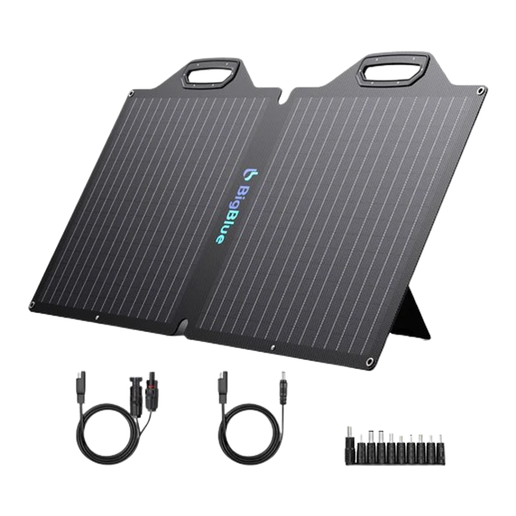 High-efficiency BigBlue SolarPowa 100 ETFE solar charger, suitable for all camping electronics.