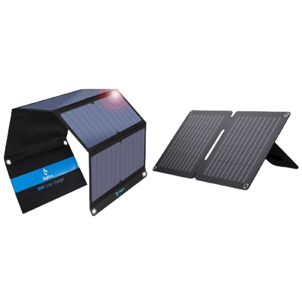 Foldable BigBlue SolarPowa 28 solar panel, ideal for camping and outdoor energy needs.