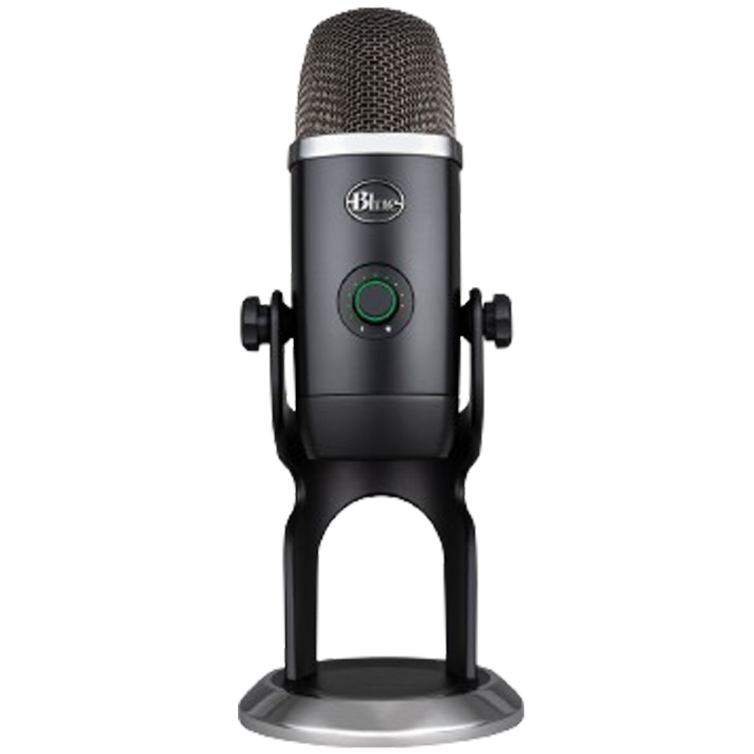 A sleek Blue Yeti microphone showcased with its signature solid build and quality sound capture, perfect for podcasters and streamers looking for the microphones of 2024.