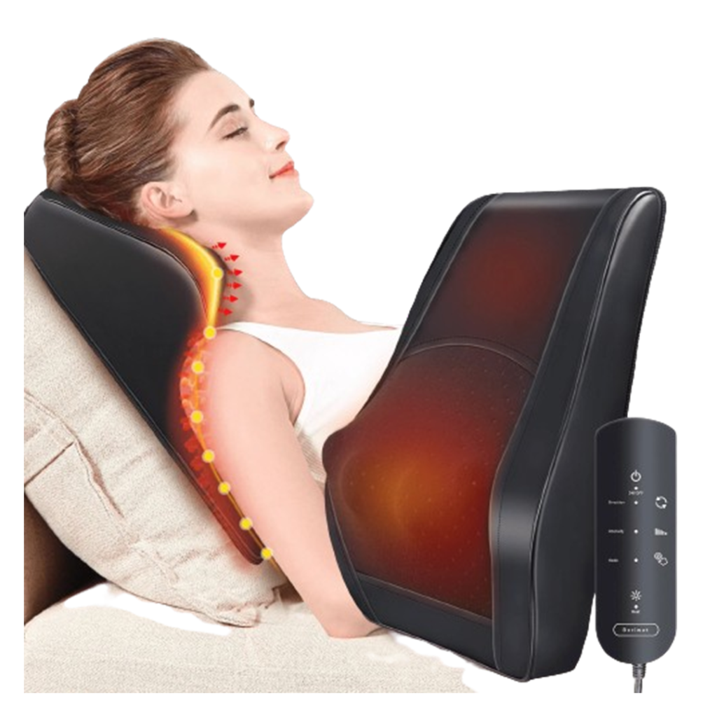A person relaxing with the Boriwat Back Massager, the massage pillow featuring a convenient remote control for personalized comfort settings.
