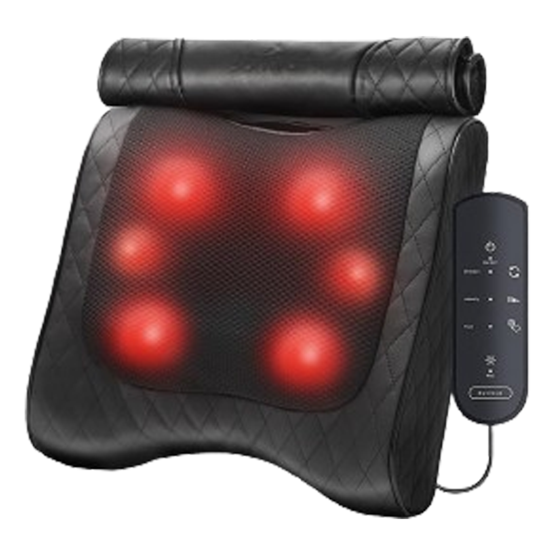 Boriwat Back Massager is showcased as the massage pillow with its red light therapy for deep muscle relaxation and pain relief.