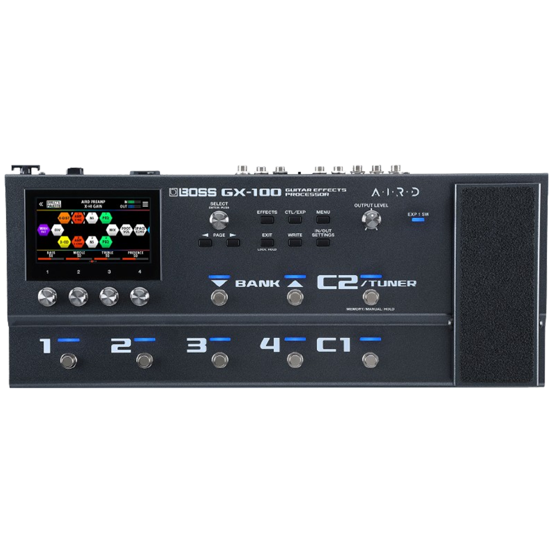 The Boss GX-100 multi-effects pedal offers guitarists a compact solution for a wide variety of effects and amp simulations.