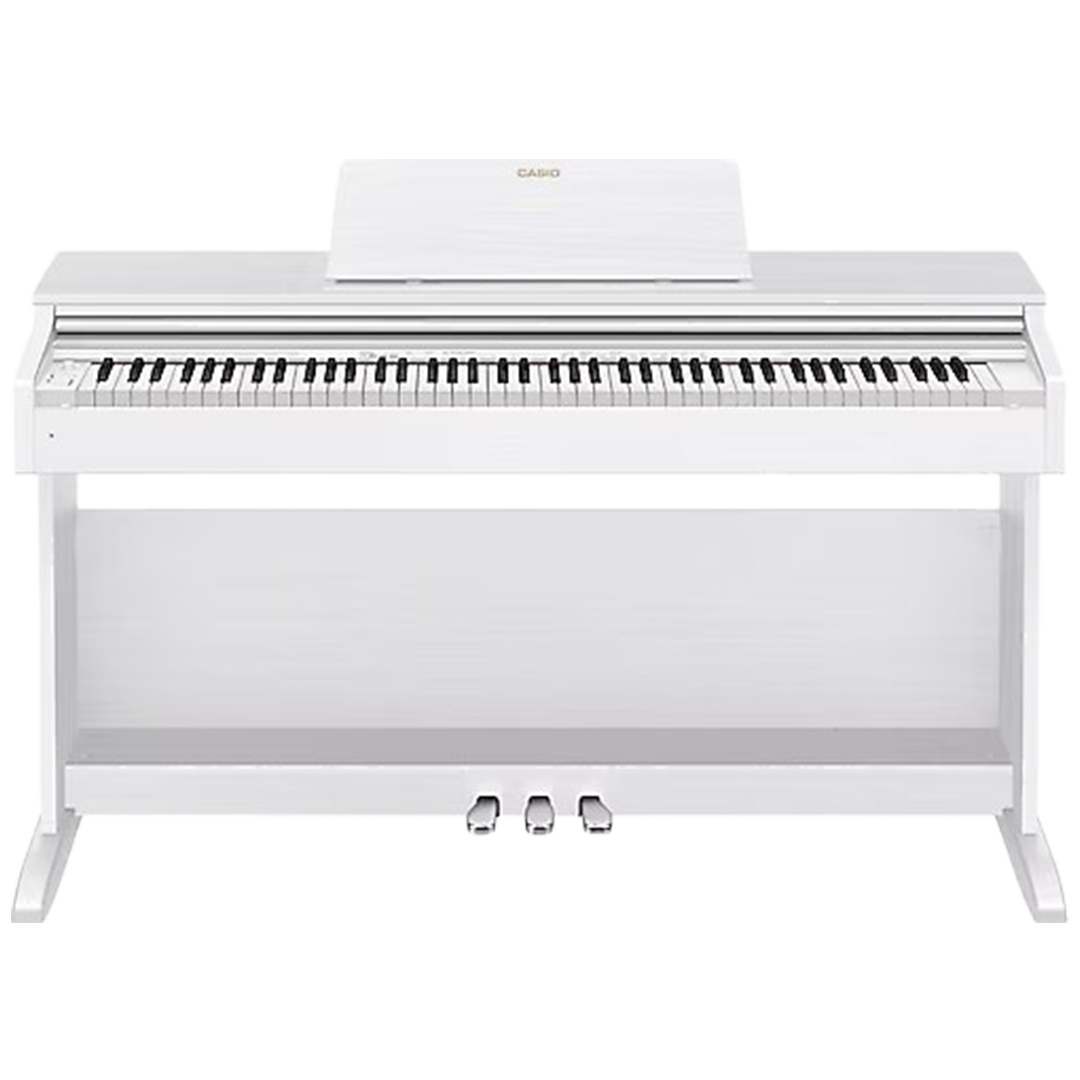 Discover the digital pianos like the Casio AP-270 featuring a sleek white design and 88 fully weighted keys for an authentic piano experience.
