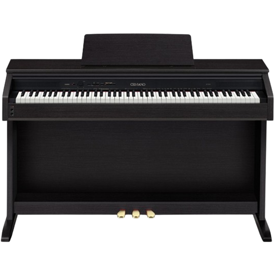 digital pianos showcase: The Casio Celviano series offers a grand piano experience with its 88-key hammer action and sophisticated black finish.