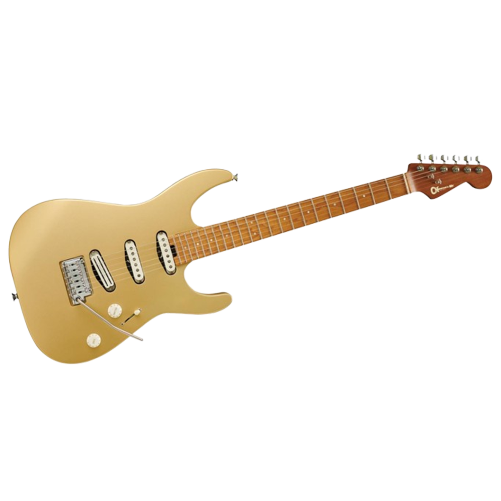 The Charvel Pro-Mod DK22 boasts a sleek, modern design in a stunning gold finish, making it a top choice for those searching for the electric guitars with contemporary flair.