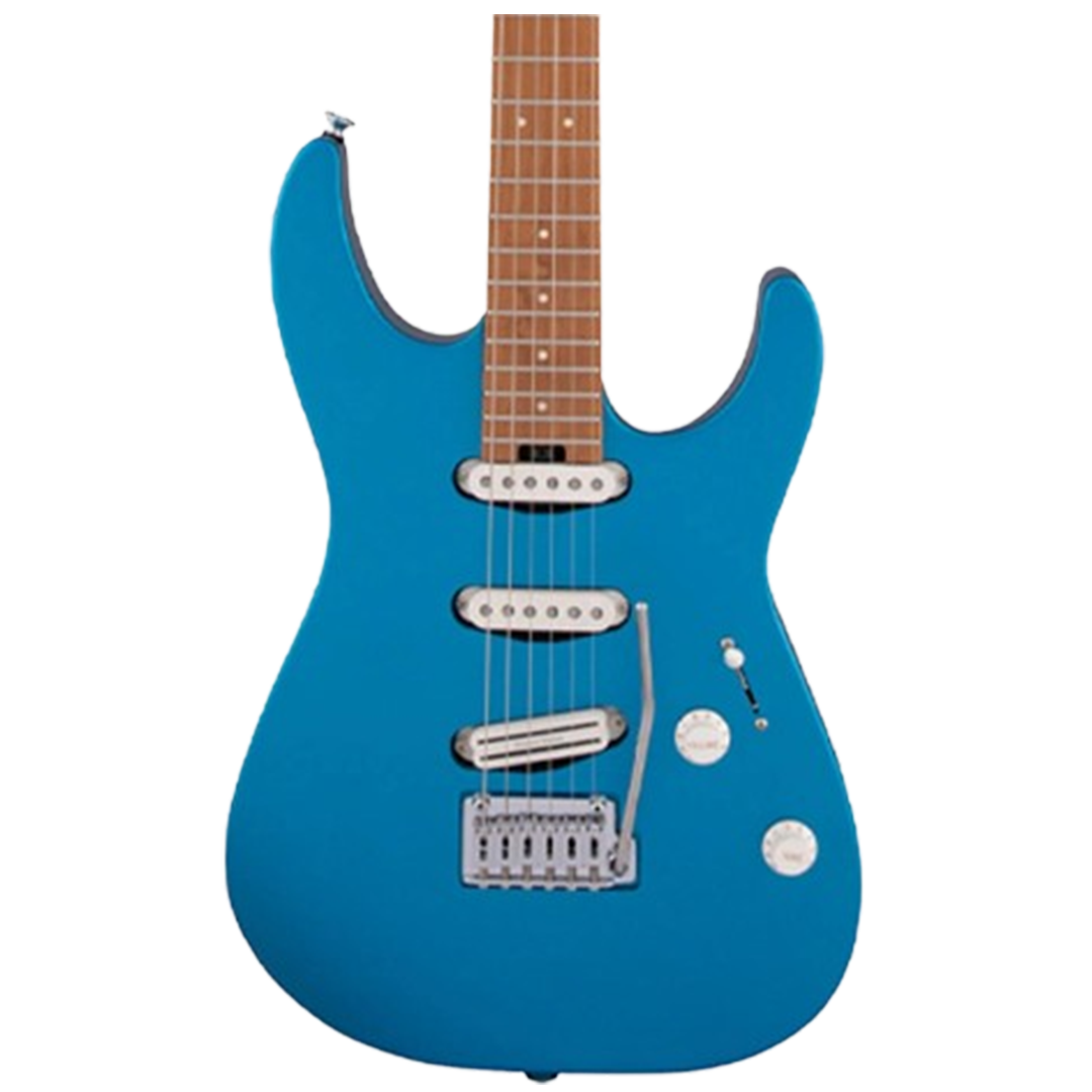 The Charvel Pro-Mod DK22 electric guitar in a striking blue finish, perfect for guitarists seeking versatile sound and playability among the electric guitars.