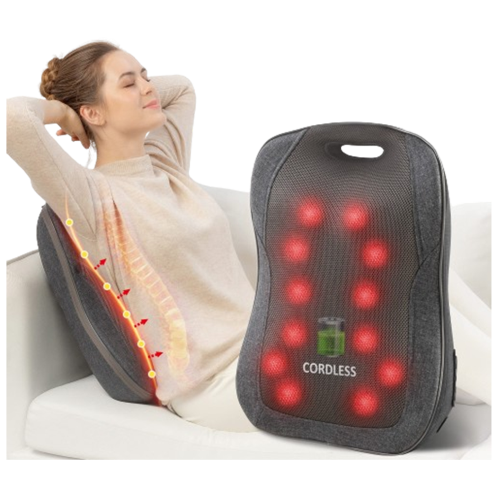 A user enjoying the Comfier Cordless Back Massager, the massage pillow designed for cordless operation and stress alleviation.