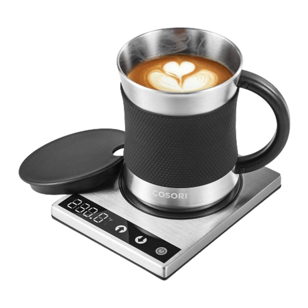 Cosori's smart mug warmer & mug set stands out as the best self-heating coffee mug, ensuring your coffee is always at the perfect temperature with its sleek design and digital display.