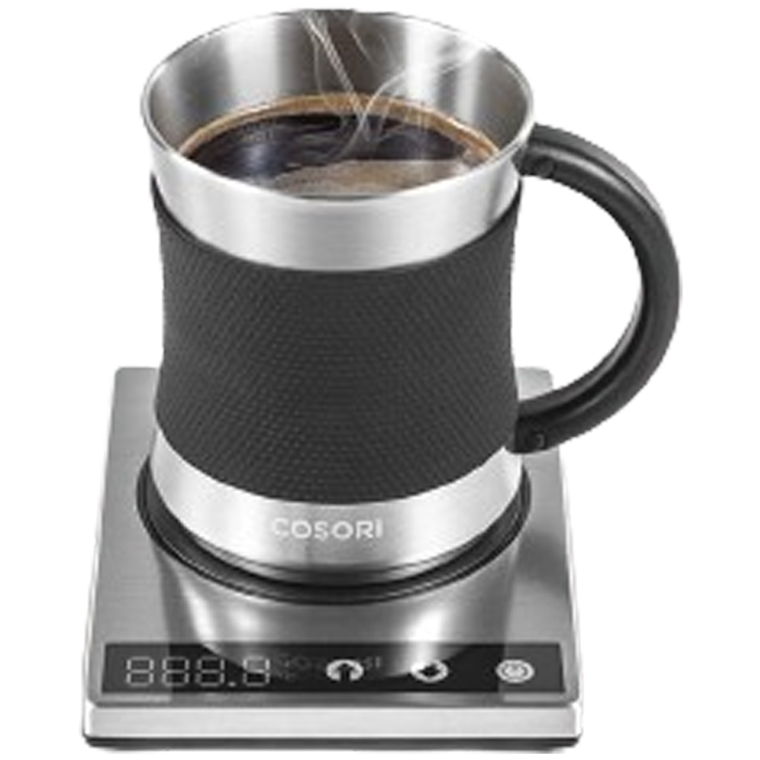 The Cosori Premium is the best self-heating coffee mug for those who enjoy their beverages hot. Featuring a stainless steel mug on a digital warmer with temperature settings.