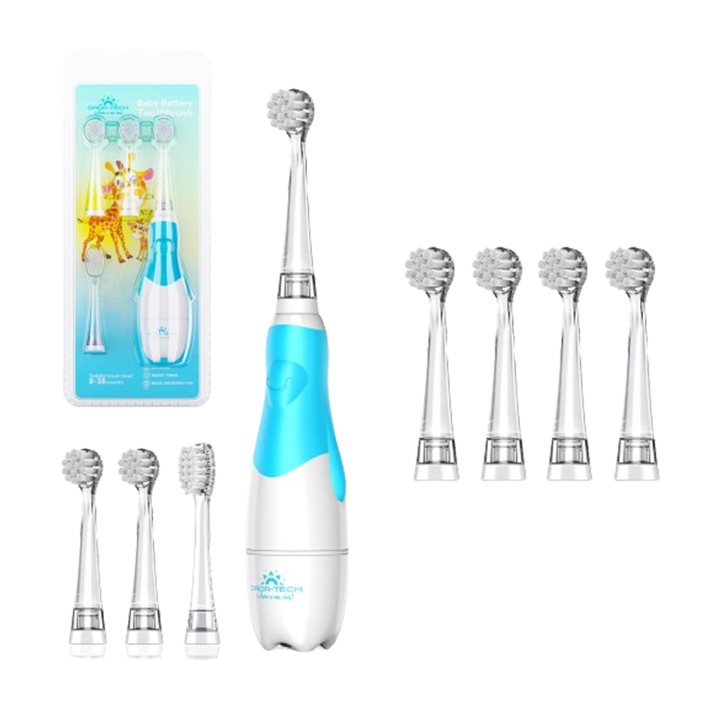 The Dada-Tech Baby Toothbrush Set includes multiple brush heads for various stages of a child's dental development, making it the electric toothbrush who are growing fast.
