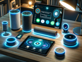 A vibrant display of various smart speakers and devices on a wooden desk, all glowing with blue connectivity rings, showcasing the best devices compatible with Alexa in 2024 for a futuristic smart living experience.