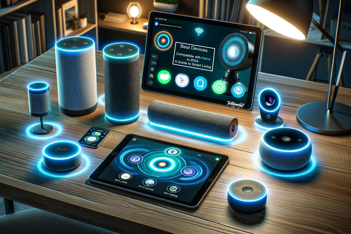 A vibrant display of various smart speakers and devices on a wooden desk, all glowing with blue connectivity rings, showcasing the best devices compatible with Alexa in 2024 for a futuristic smart living experience.