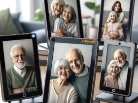 A collection of digital photo frames showcasing smiling grandparents, illustrating the product Vieunite's ability to keep family moments alive through their digital photo frame for grandparents feature.