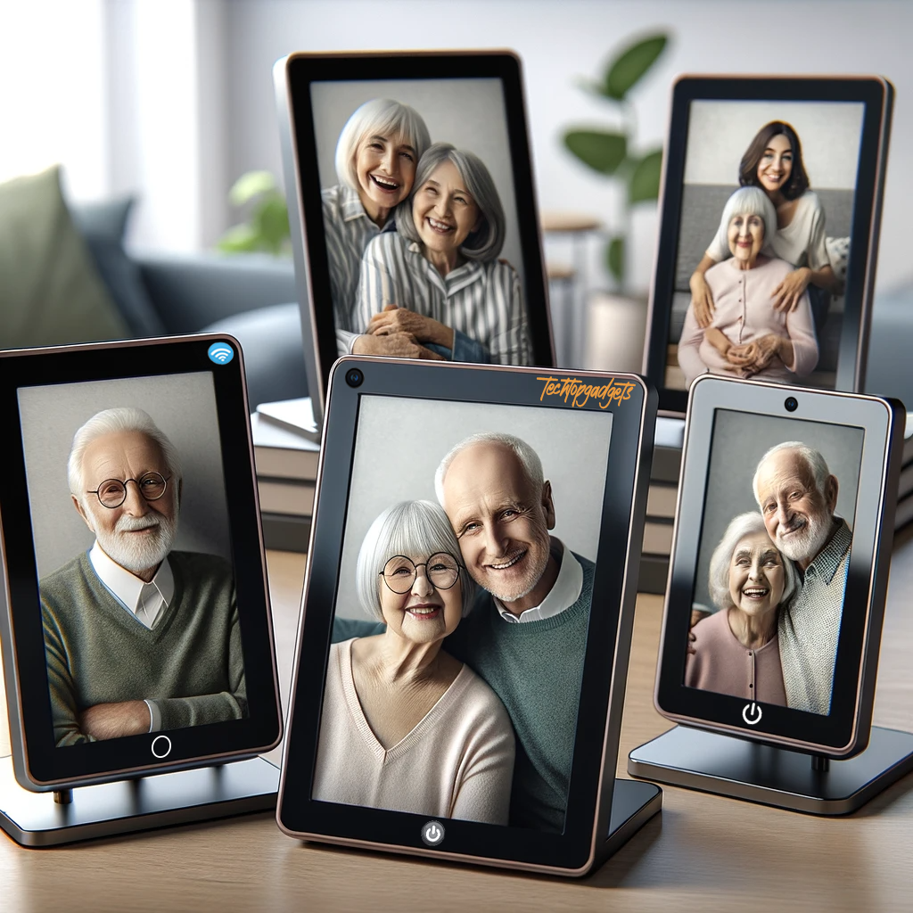A collection of digital photo frames showcasing smiling grandparents, illustrating the product Vieunite's ability to keep family moments alive through their digital photo frame for grandparents feature.