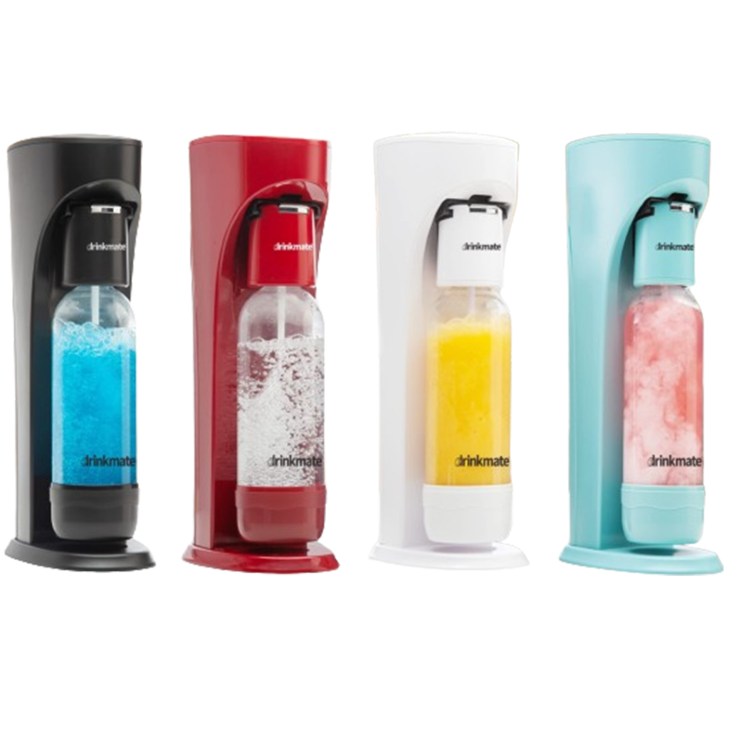 A collection of Drinkmate OmniFizz soda makers in various colors—black, red, white, and teal—each infusing life into different beverages, embodying the joy of custom carbonation.