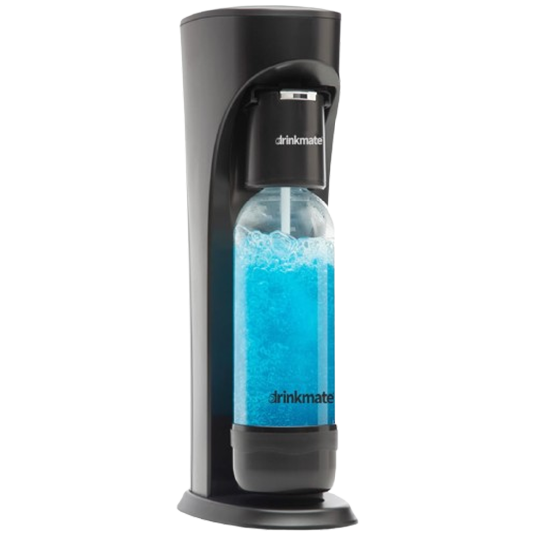 The Drinkmate OmniFizz soda maker in black, a standout in carbonation technology, bubbles with a vibrant blue drink, symbolizing the fun and flavor of homemade sparkling beverages.