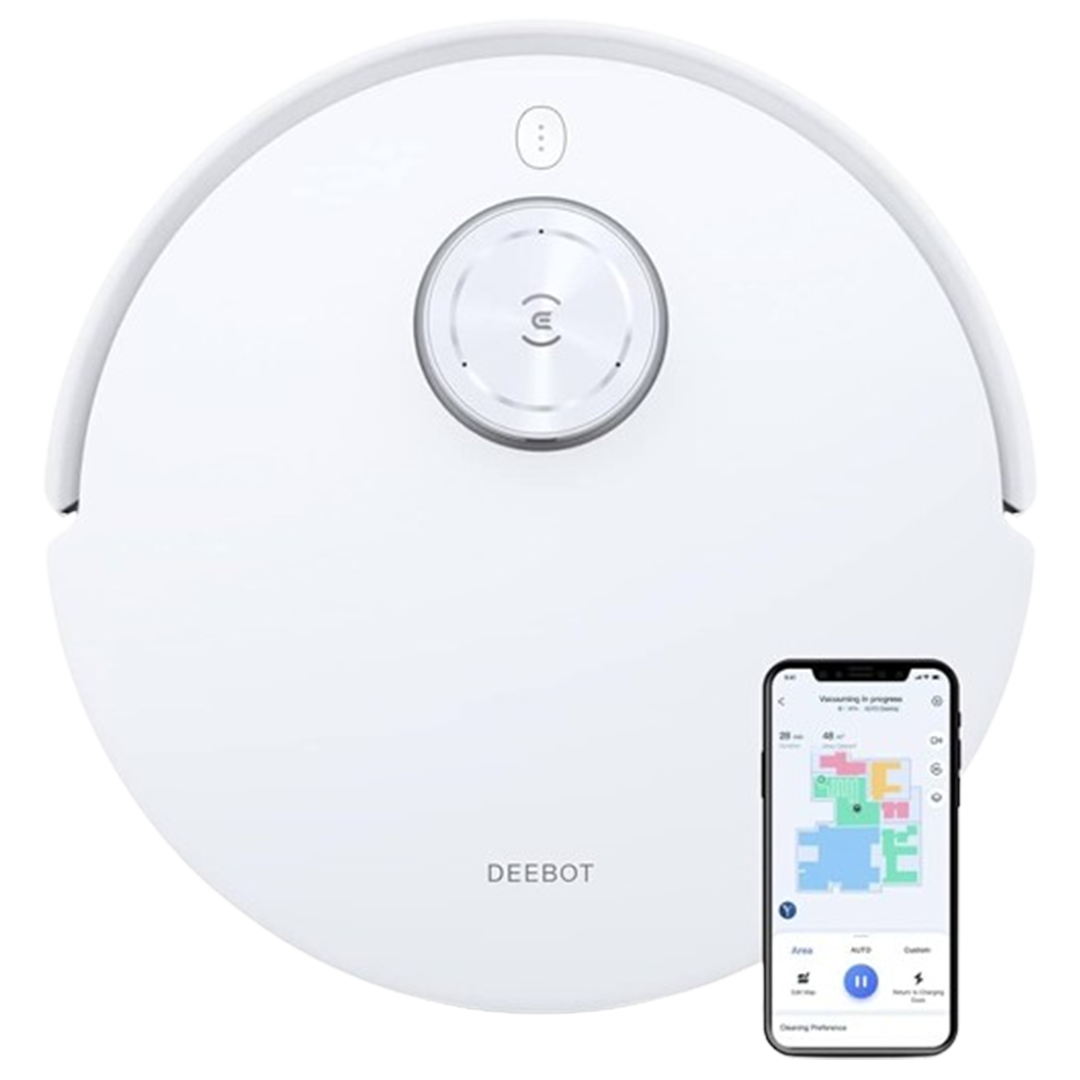 The ECOVACS DEEBOT T10 is showcased as the robot vacuum, offering high efficiency and smart navigation for a thorough clean.