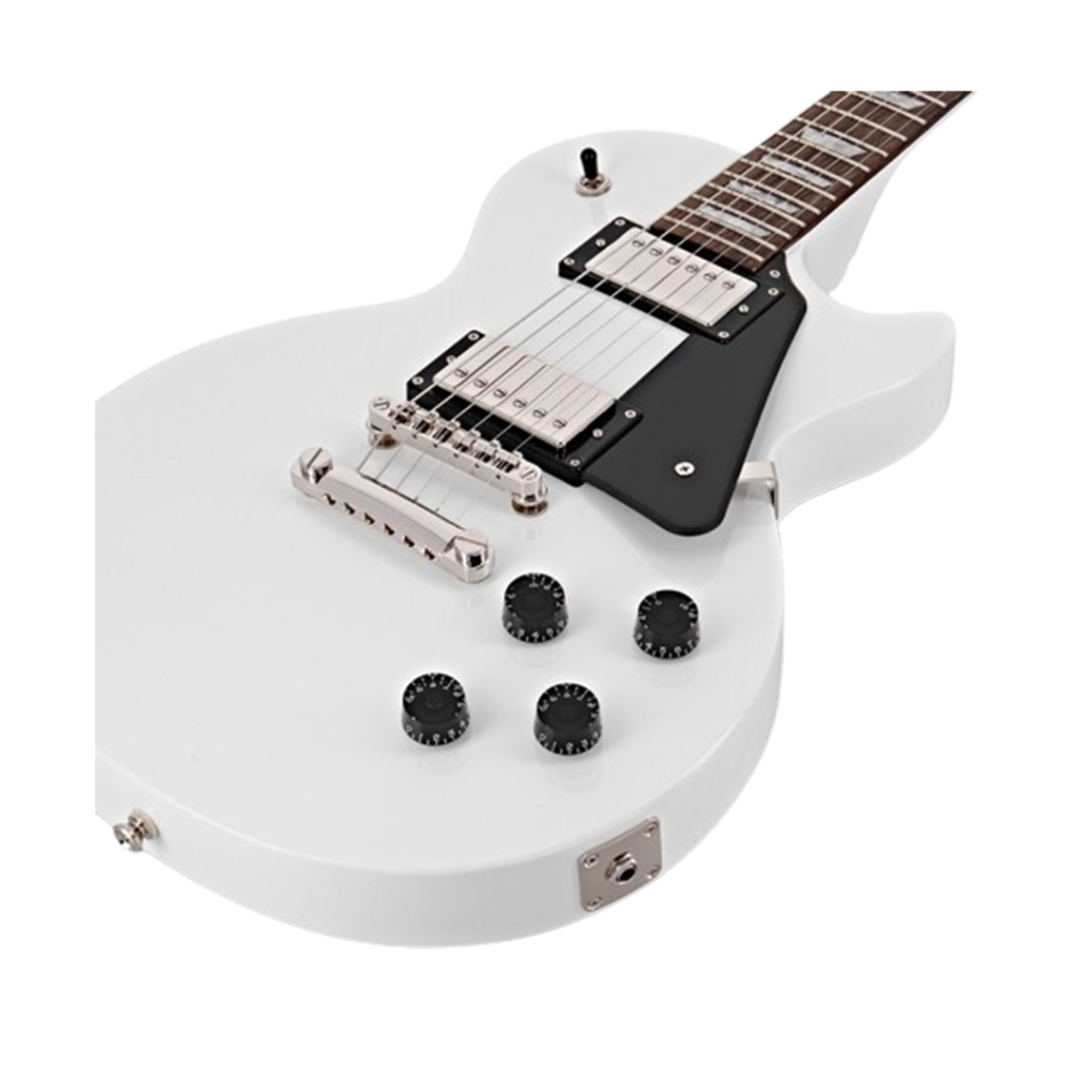 A stunning white Epiphone Les Paul Studio, an excellent electric guitar for beginners, combines timeless style with a beginner-friendly setup.
