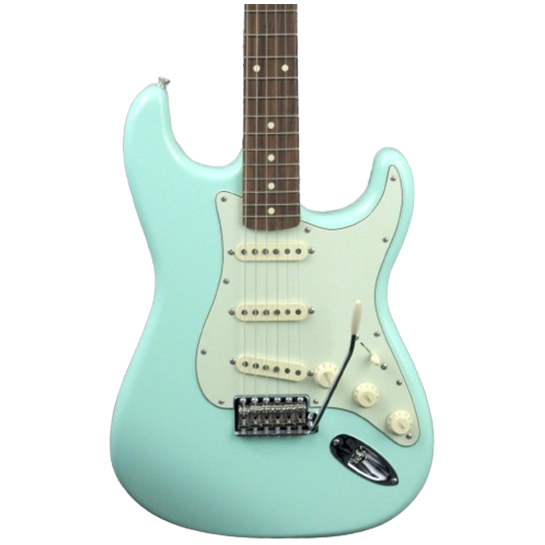 The Fender Vintera '60s Stratocaster guitar in an elegant mint green, echoing the past with its vintage design while delivering contemporary performance among the electric guitars.