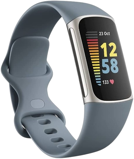 The Fitbit Charge 5 in a sleek blue-gray, a leading contender for the best cheap fitness trackers with advanced health metrics.