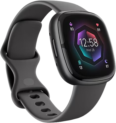 The Fitbit Sense 2 smartwatch in a sleek black design, featuring a vibrant display with health tracking metrics, an essential device among the smartwatches.