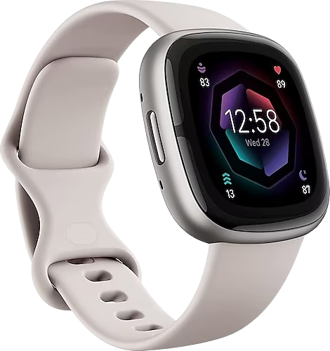 The Fitbit Sense 2 smartwatch in a soft ivory band, combining elegance and technology for Android users seeking a top-performing health and fitness companion.