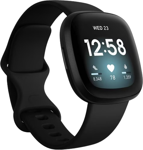 The all-black Fitbit Versa 3 smartwatch, emphasizing its stylish contour and health features, standing out in the smartwatches category.