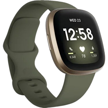 The Fitbit Versa 3 smartwatch in a muted olive band, highlighting its versatile look and comprehensive health tracking, a favorite among the smartwatches.