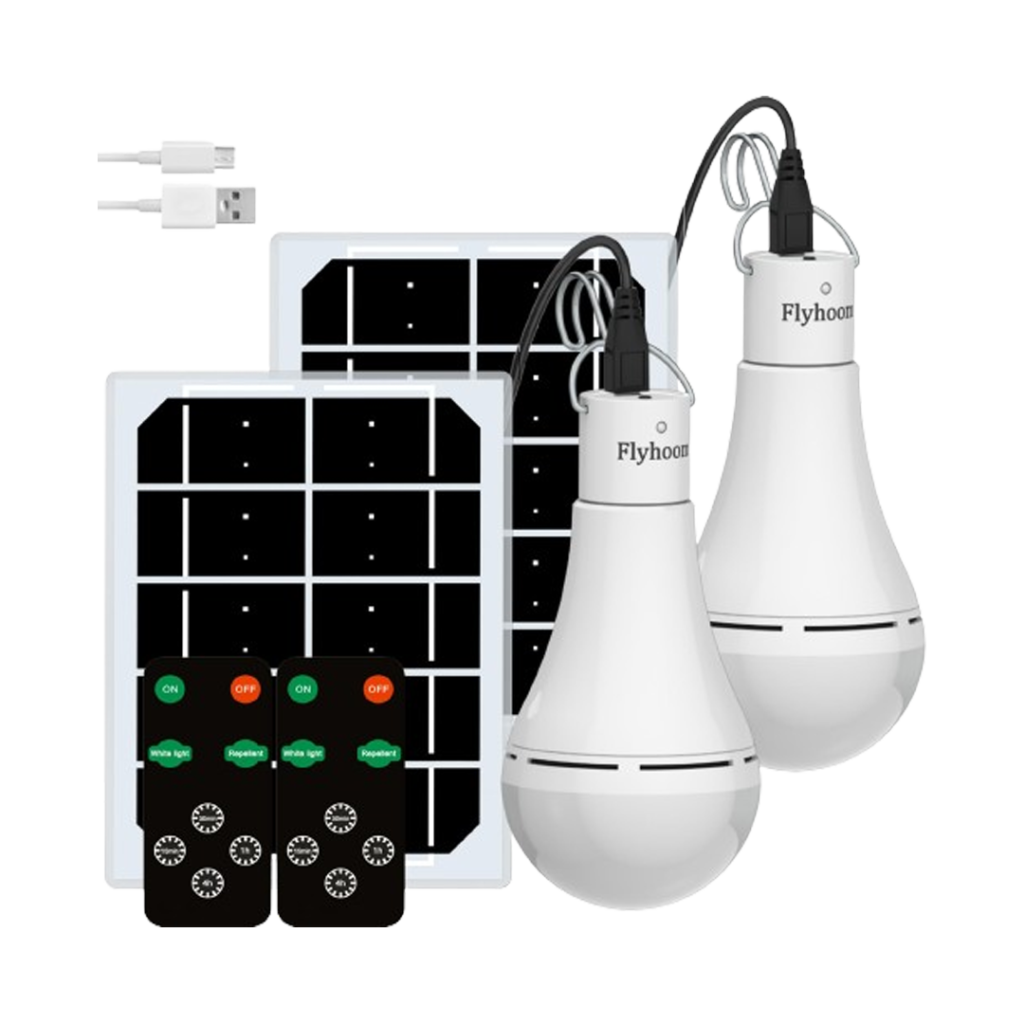 Flyhoom solar light bulbs with charging panels and remotes, highlighting the convenience of the lighting system.