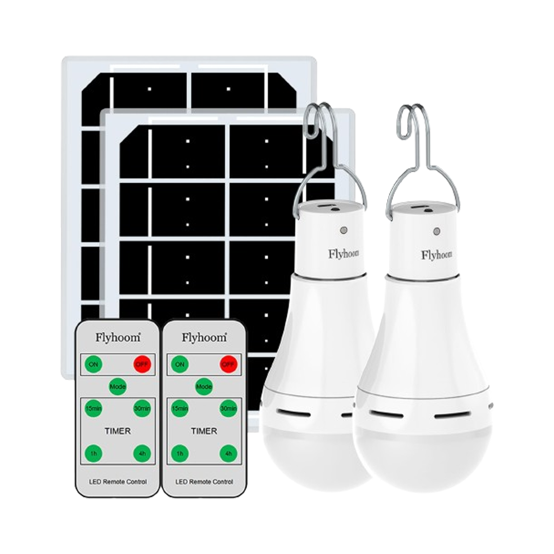 A pair of Flyhoom solar-powered light bulbs with LED panels and remote controls, showcasing an eco-friendly lighting system.