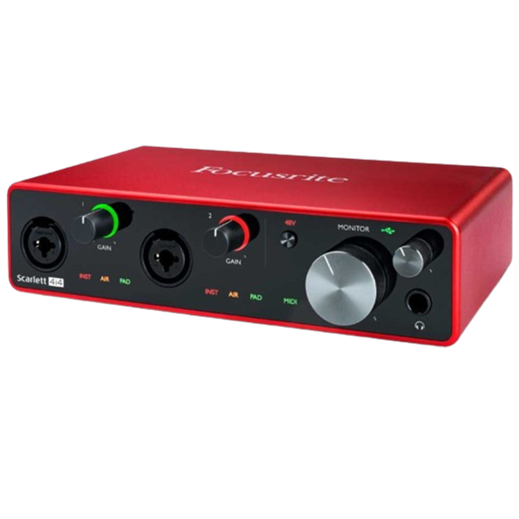 The Focusrite Scarlett 4i4 ranks among the best audio interfaces for guitarists, known for its versatile connections and reliable performance.