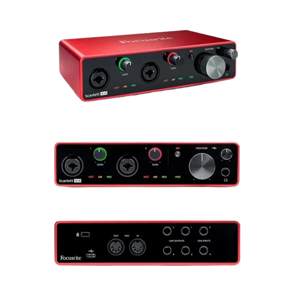 Front view of the Focusrite Scarlett 4i4 Gen 4, emphasizing its user-friendly front panel, solidifying its spot as one of the audio interfaces available.