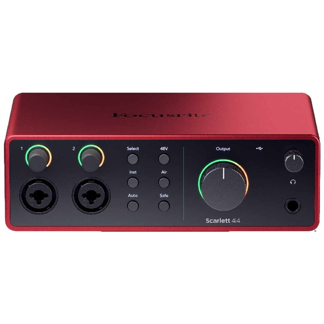 The Focusrite Scarlett 4i4 Gen 4 stands out as one of the audio interfaces for musicians, with its signature red design and reliable performance.