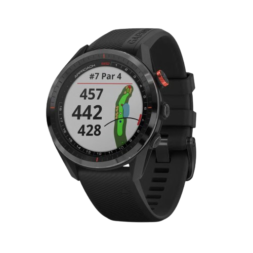 The Garmin Approach S62 smartwatch in black, displaying golf course details, is the best Garmin watch for avid golfers seeking on-wrist game analysis.