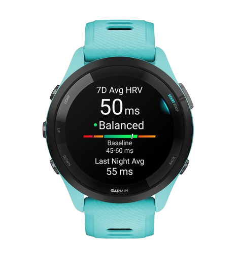 Displaying a heart rate variability metric, the turquoise Garmin Forerunner 265 is the best Garmin watch for those who value wellness and fitness balance.