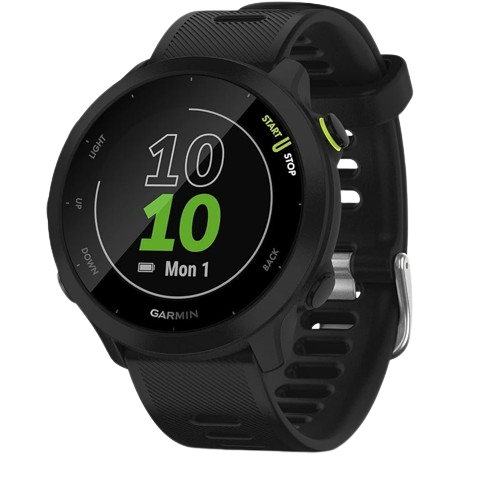 The black Garmin Forerunner 55 smartwatch, highlighting time and date, is the best Garmin watch for runners focusing on simplicity and performance.