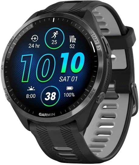 The black Garmin Forerunner 965 smartwatch with a vibrant display of health statistics, a top contender for the best Garmin watch for data-driven athletes.