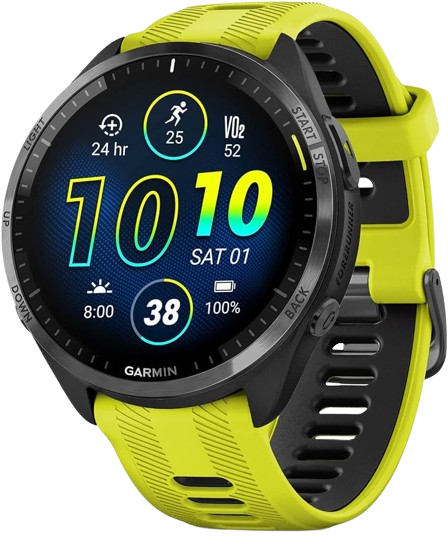 The bold yellow Garmin Forerunner 965, presenting a detailed activity interface, embodies the best Garmin watch for runners who value color and performance.