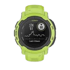 The lime green Garmin Instinct 2 smartwatch with heart rate graph, revered as the best Garmin watch for outdoor enthusiasts with a rugged lifestyle.