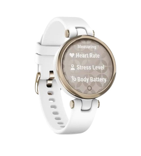 The chic white Garmin Lily smartwatch measuring wellness metrics, acclaimed as the best Garmin watch for women who treasure sophistication and health.