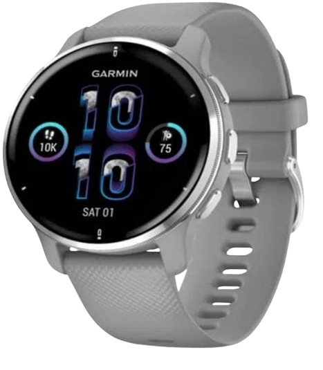 The Garmin Venu 2 Plus in silver with a modern UI, a top choice as the best Garmin watch for fitness enthusiasts with an eye for contemporary aesthetics.