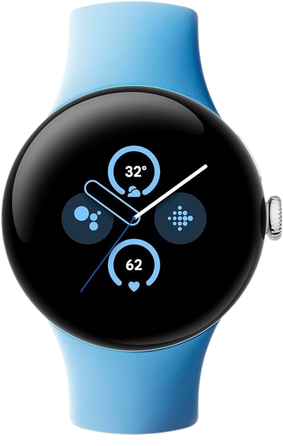 The Google Pixel Watch 2 smartwatch sports a vibrant display and a sleek blue strap, marking it as a futuristic choice among the smartwatches.